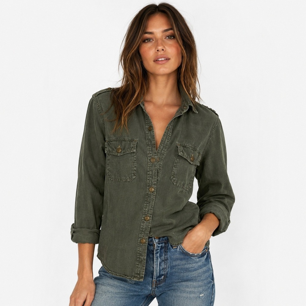 Current/Elliott The Perfect Shirt Army Green Cotton Utility Button Down Size 1